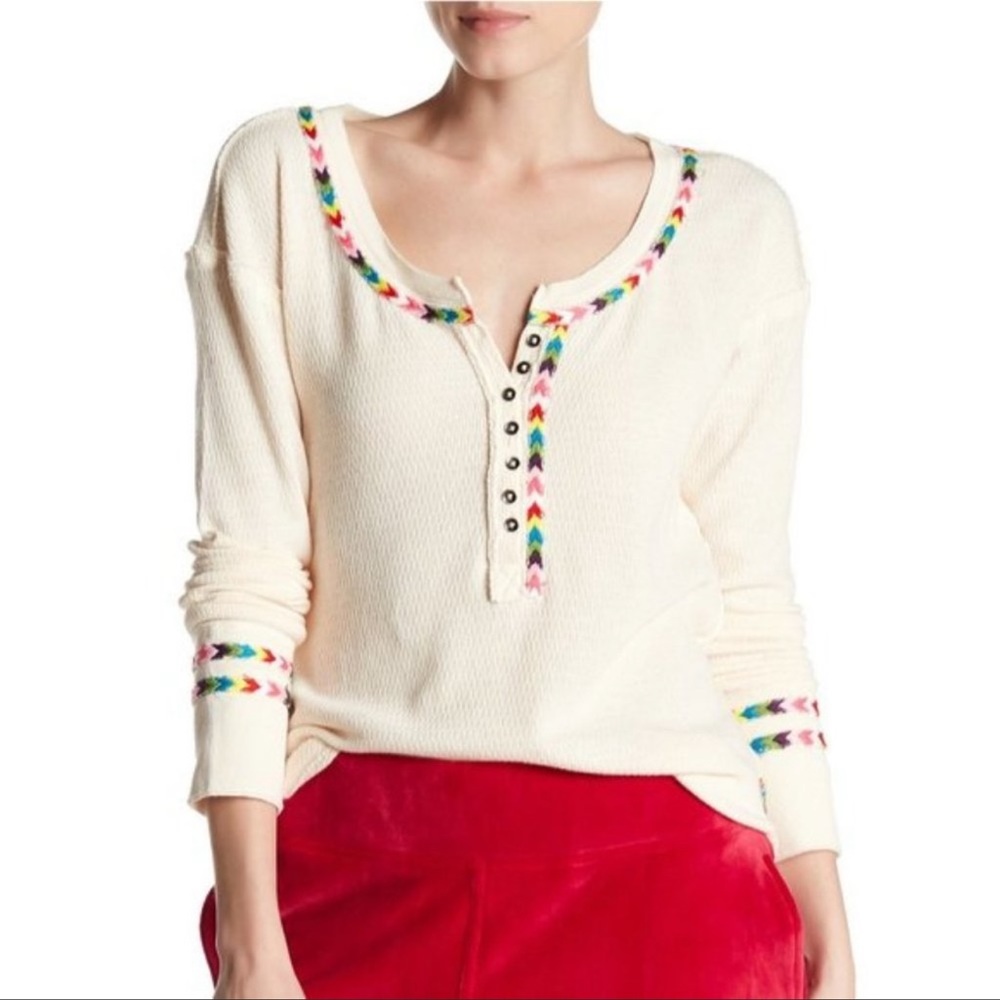 Free People Cream Blouse with Multicolor Accents